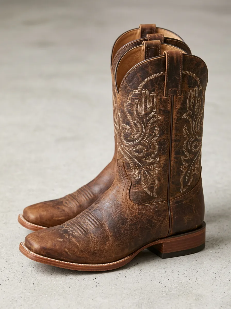 Classic Western Embroidered Distressed Leather-Look Finish Men's Western Cowboy Boots