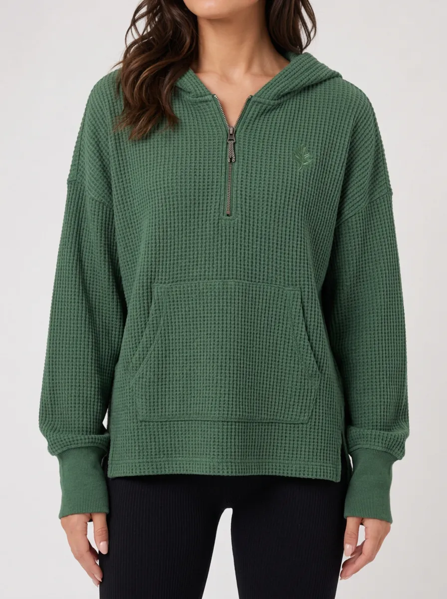 Women's Green Leaf Embroidered Waffle Knit Quarter Zip Hoodie