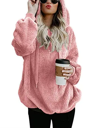 Women Casual Double Fuzzy Sweatshirt Faux Fleece Zip Pullover Hoodies Coat Outwear S-XXL
