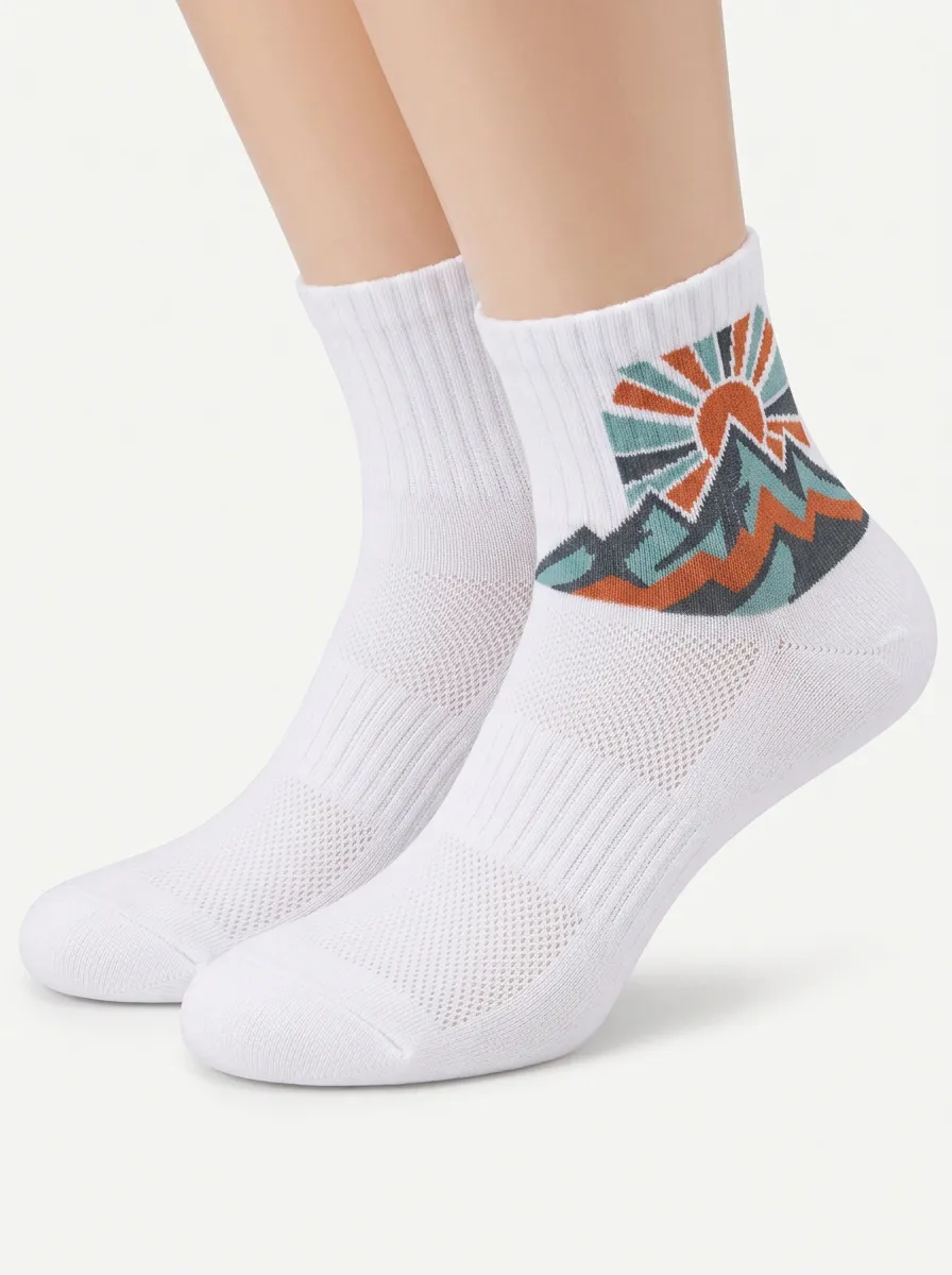 White Outdoor Mountain Sun Graphic Fitness Ankle Socks