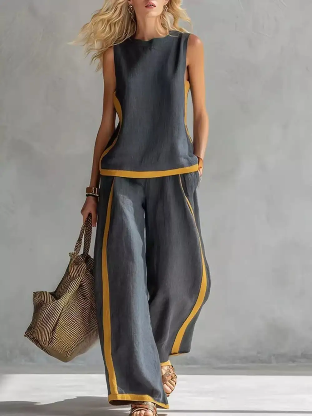 Full Size Contrast Stripe Sleeveless Top & Wide Leg