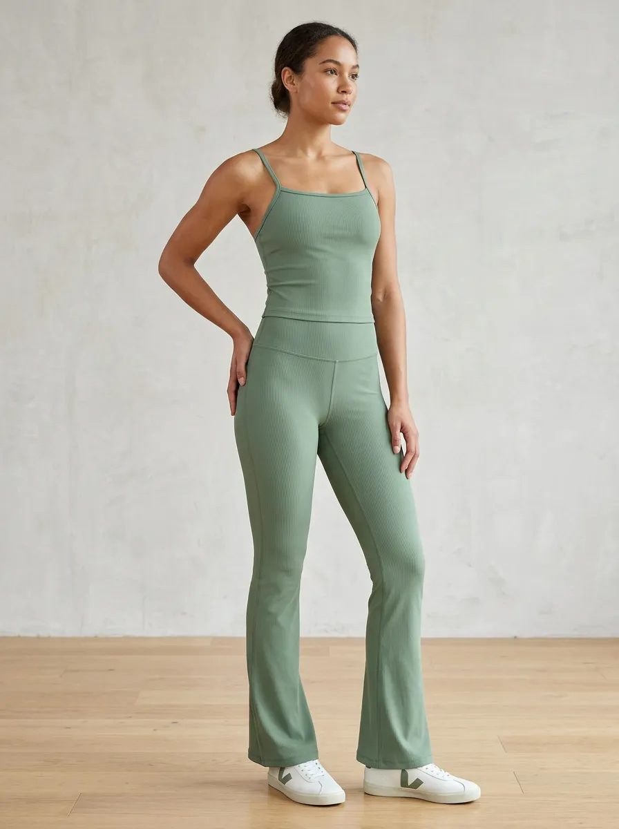 Women's Sage Green Ribbed Yoga Tank and Flared Leggings Set