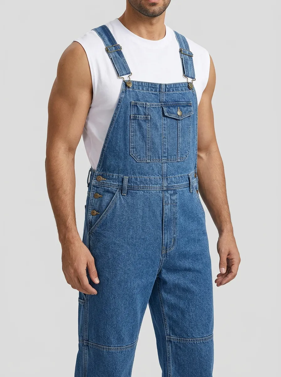Men's Casual Vintage Blue Denim Bib Overalls