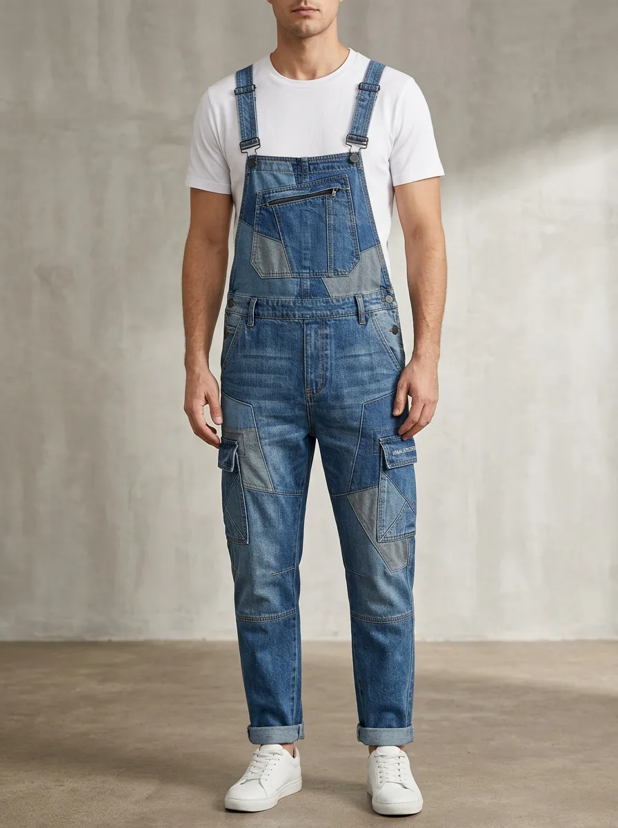 Patchwork Denim Cargo Zip Bib Overalls