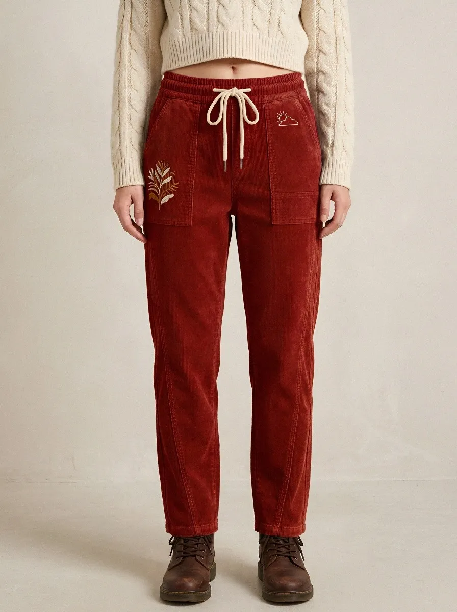 Women's Nature Lover Floral Sun Cloud Embroidered Corduroy Pants