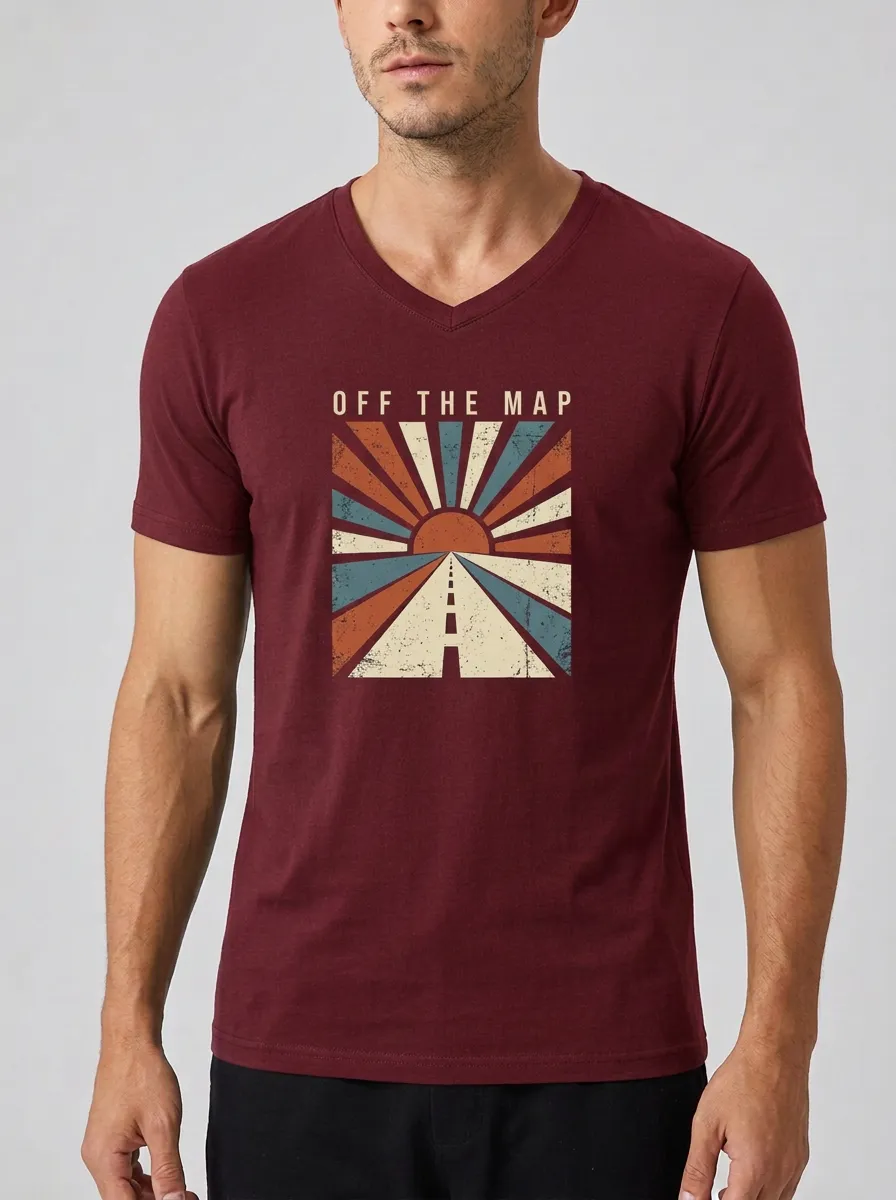 Men's Travel Adventure Off The Map Retro Sunset Printed V-Neck T-Shirt