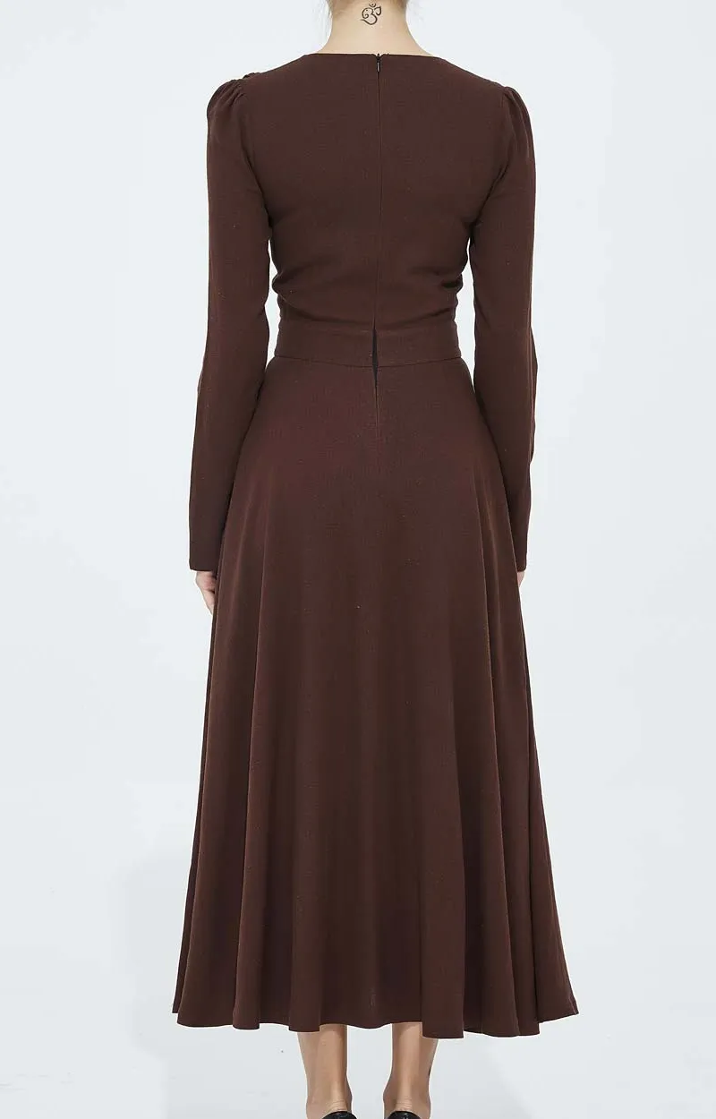 Linen Fit And Flare V Neck Long Sleeve Midi Dress
