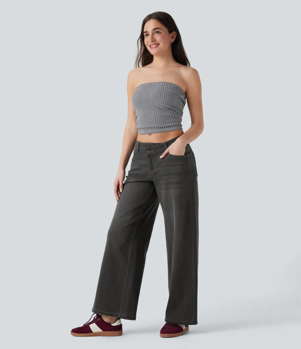 Asymmetric Low Rise Zipper Pockets Baggy Wide Leg Washed Casual Jeans