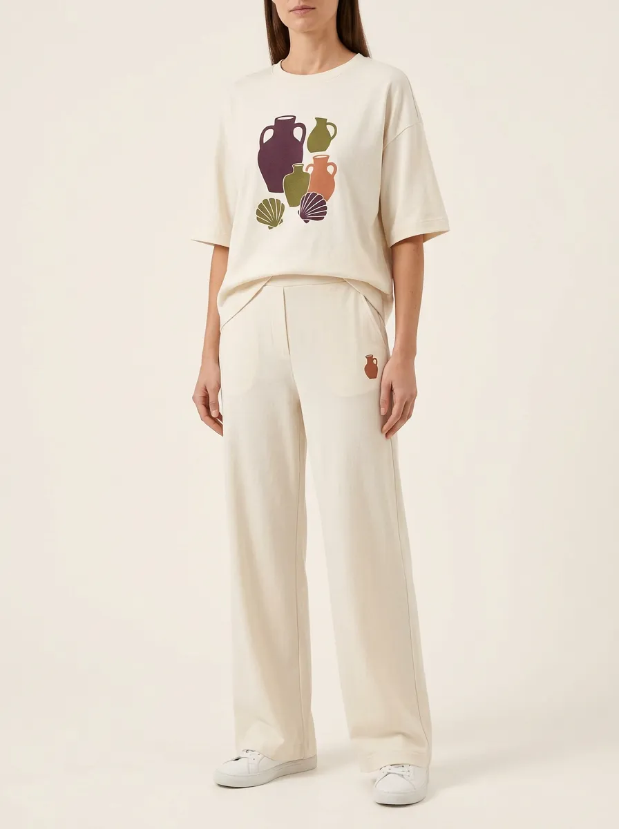 Women's Pottery Shell Embroidered Crewneck T-Shirt and Wide-Leg Pants Set