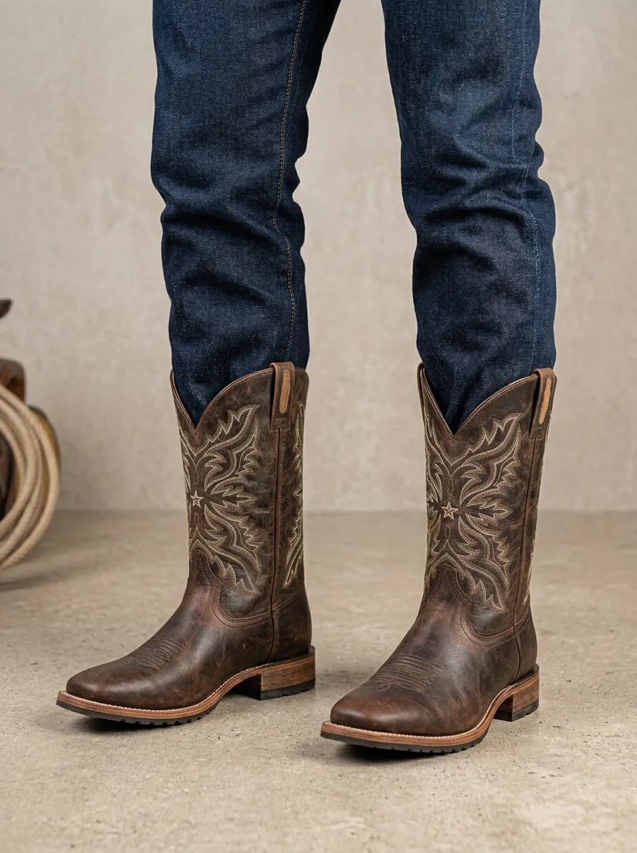 Men's Western Cowboy Star Embroidered Leather Printed Boots