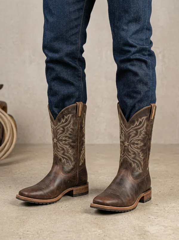 Men's Western Cowboy Star Embroidered Leather Printed Boots