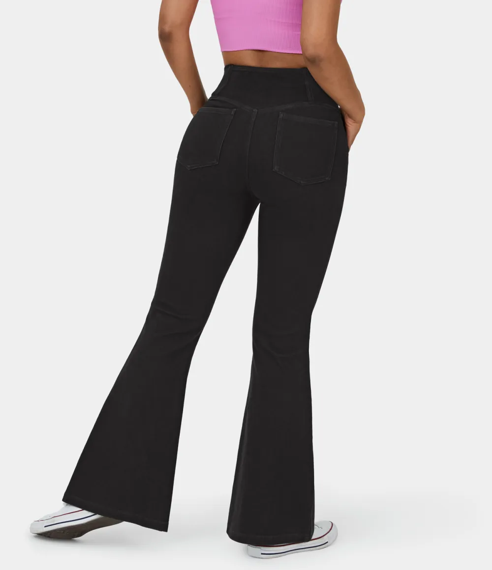 Magic High Waisted Crossover Pocket Washed Stretchy Knit Casual Super Flare Jeans