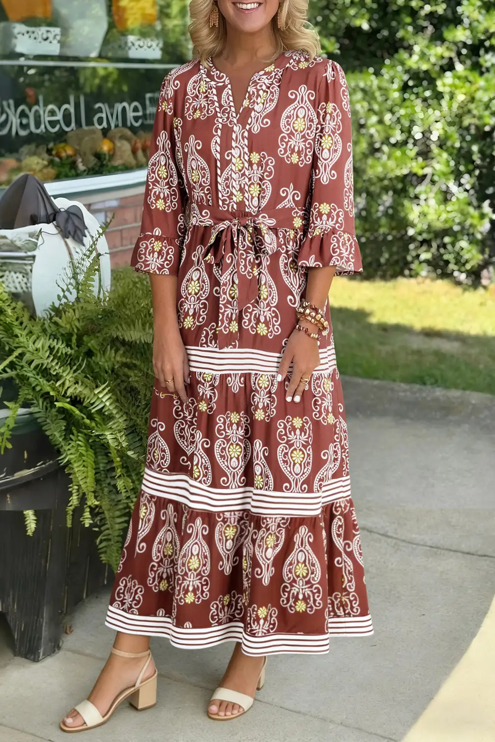 Floral Print Belted Striped Trim Tiered Maxi Dress