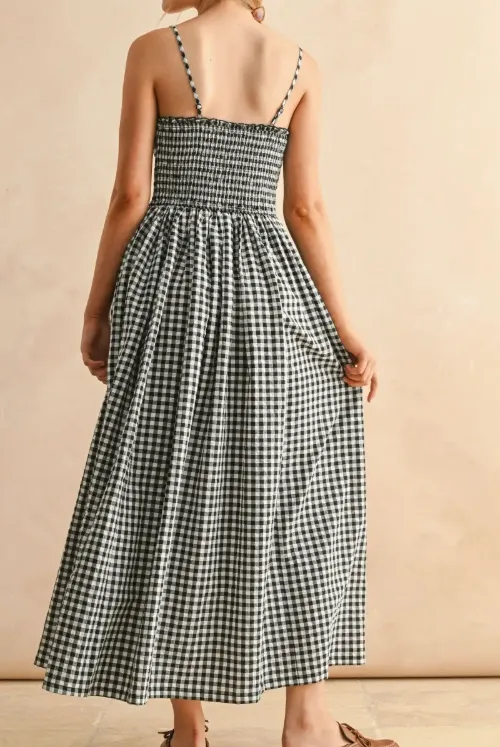 Black White Gingham Tiered Midi Dress