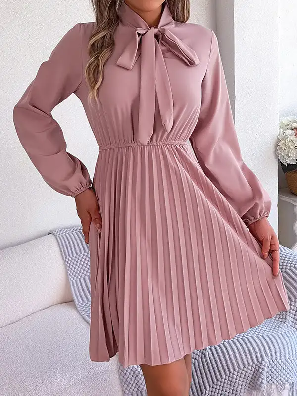 Long Sleeve Relaxed Pleated Solid Color Tied Mock Neck Mini Dress