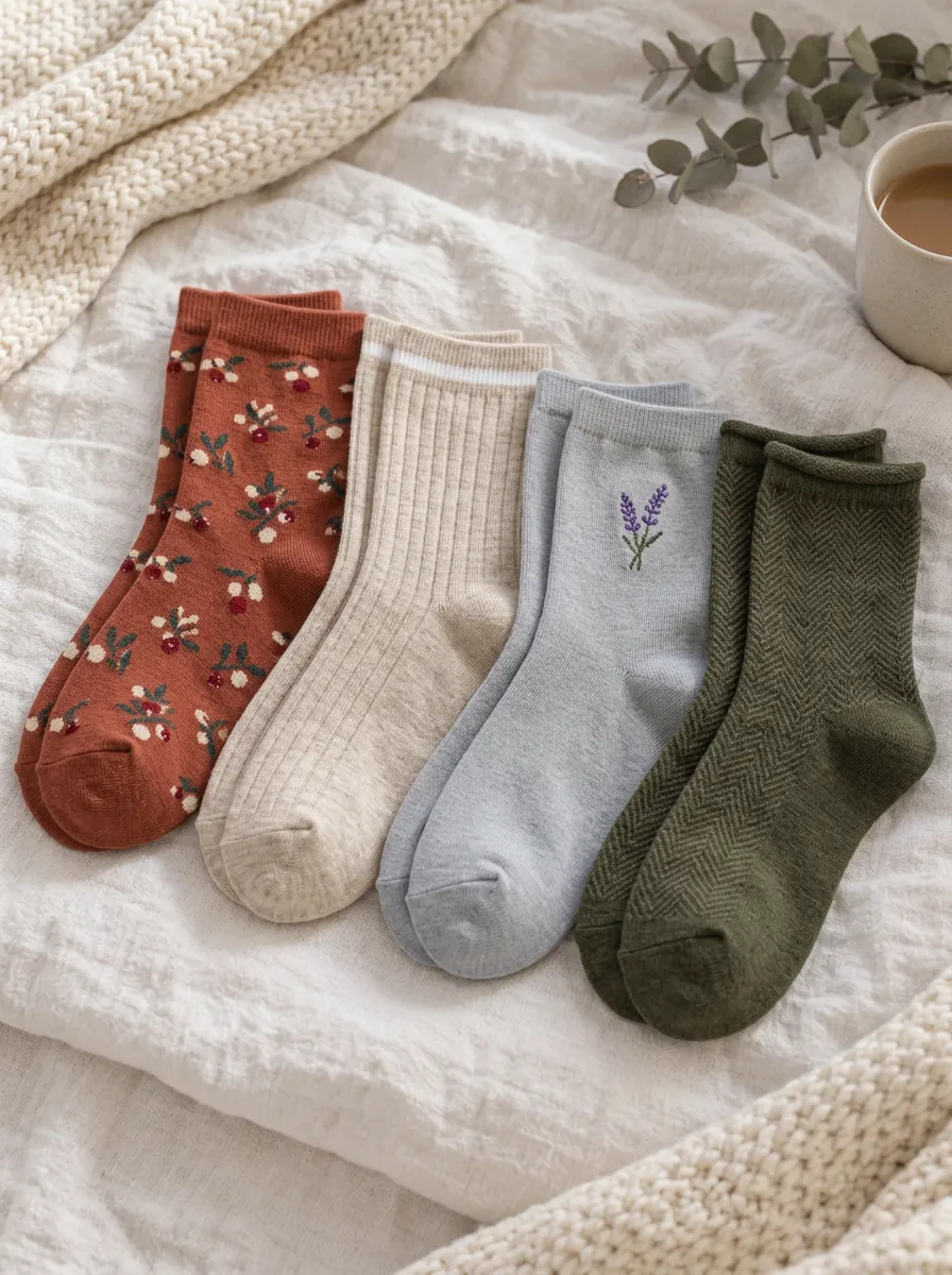 Women's Floral Lavender Herringbone Printed Crew Socks 4-Pack