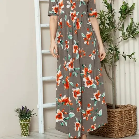 Floral Round Neck Short Sleeve Maxi Tee Dress