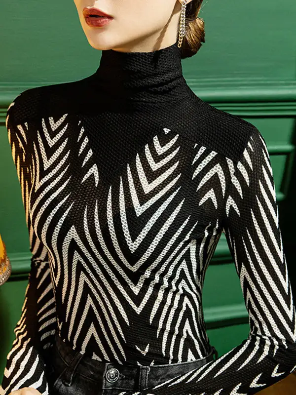 Long Sleeve Curve Fit Sheer Panel Detail High Neck Everyday T-Shirt