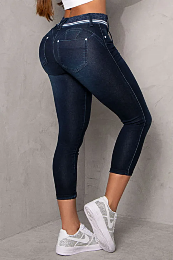 Double Button Drawstring Capris Jeans