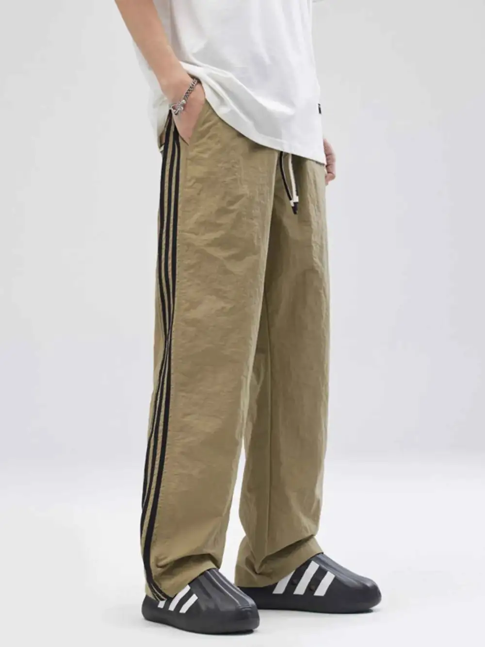 Drawstring Wide Leg Pants with Side Striped