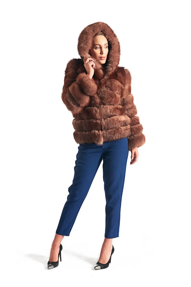 Brown Fox Fur Coat Women's Hooded