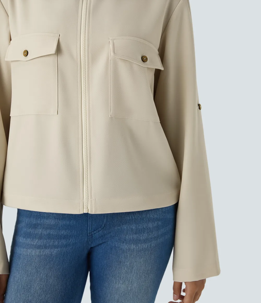 Stand Collar Roll Tab Sleeve Flap Pocket Inside Drawstring Hem Zip Casual Jacket