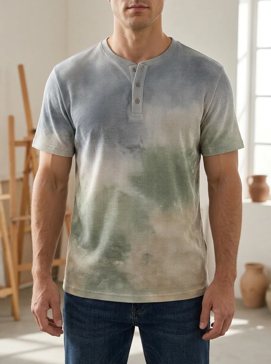 Men's Casual Tie-Dye Waffle Knit Design Henley T-Shirt