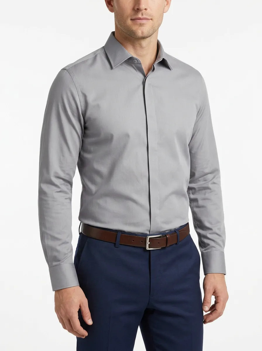 Men's Business Casual Solid Grey Slim Fit Dress Shirt