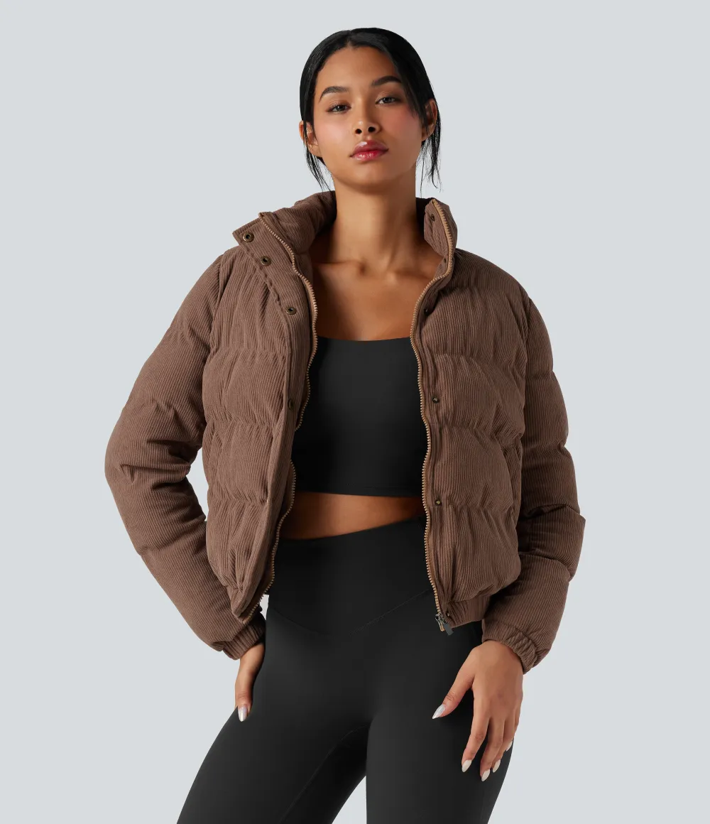 Stand Collar Corduroy Casual Puffer Jacket with Pockets