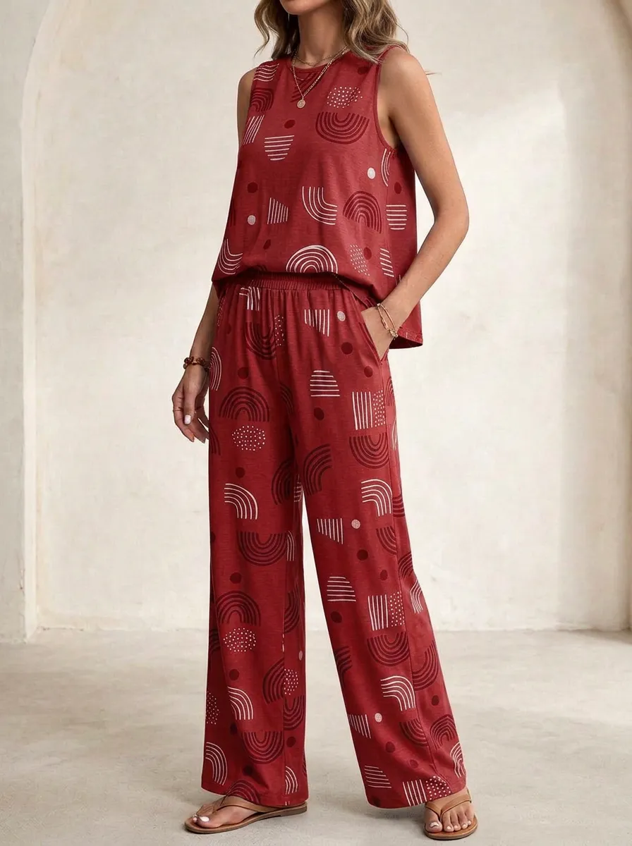 Women's Geometric Print Sleeveless Top And Wide-Leg Trouser Lounge Set