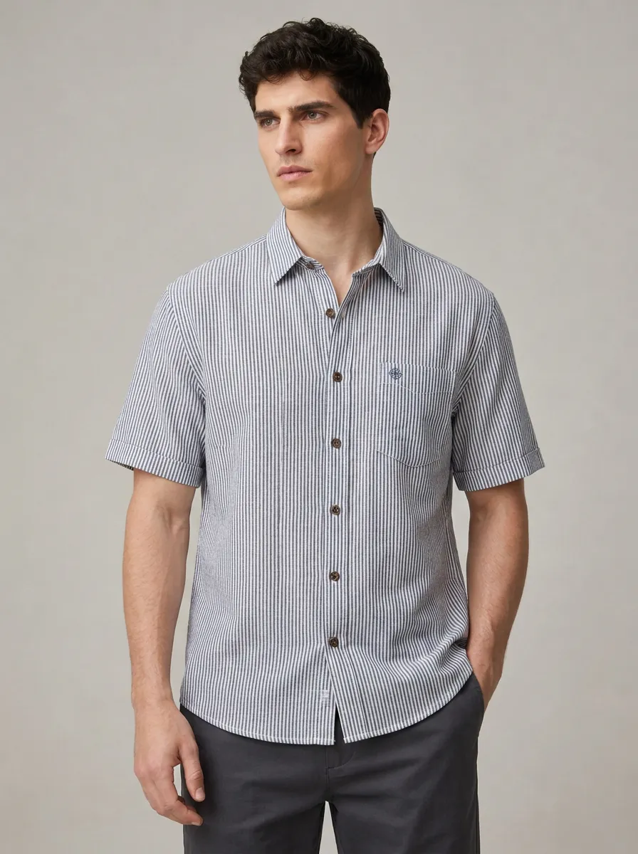 Men's Casual Summer Vertical Striped Breathable Button Down Shirt
