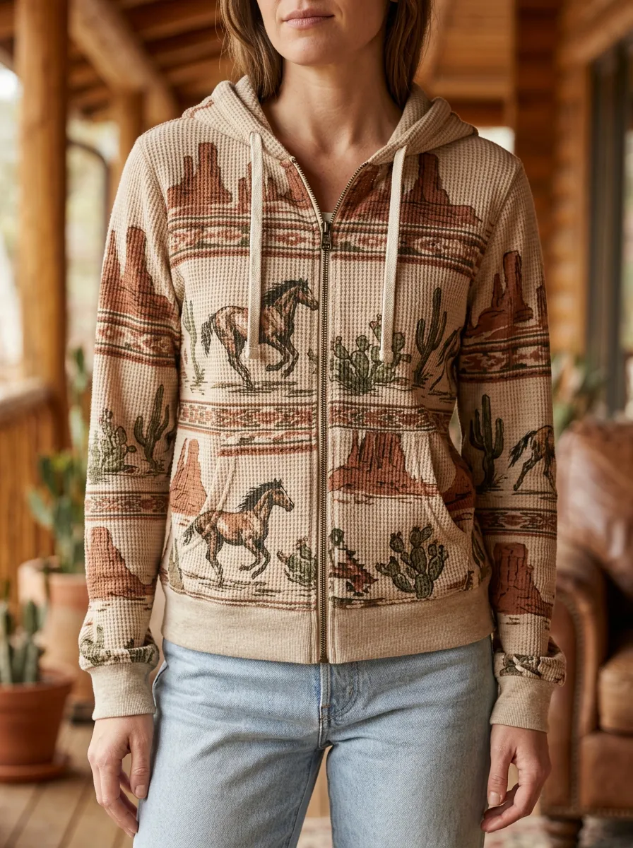 Women's Western Horse Cactus Desert Signature Print Waffle Zip-Up Hoodie