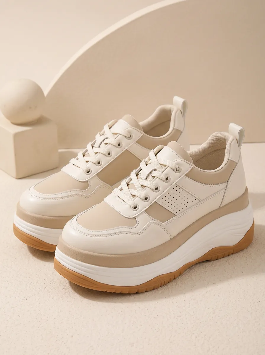 Lace-Detail Perforated Color-Block Lace-Up Women's Chunky Platform Shoes