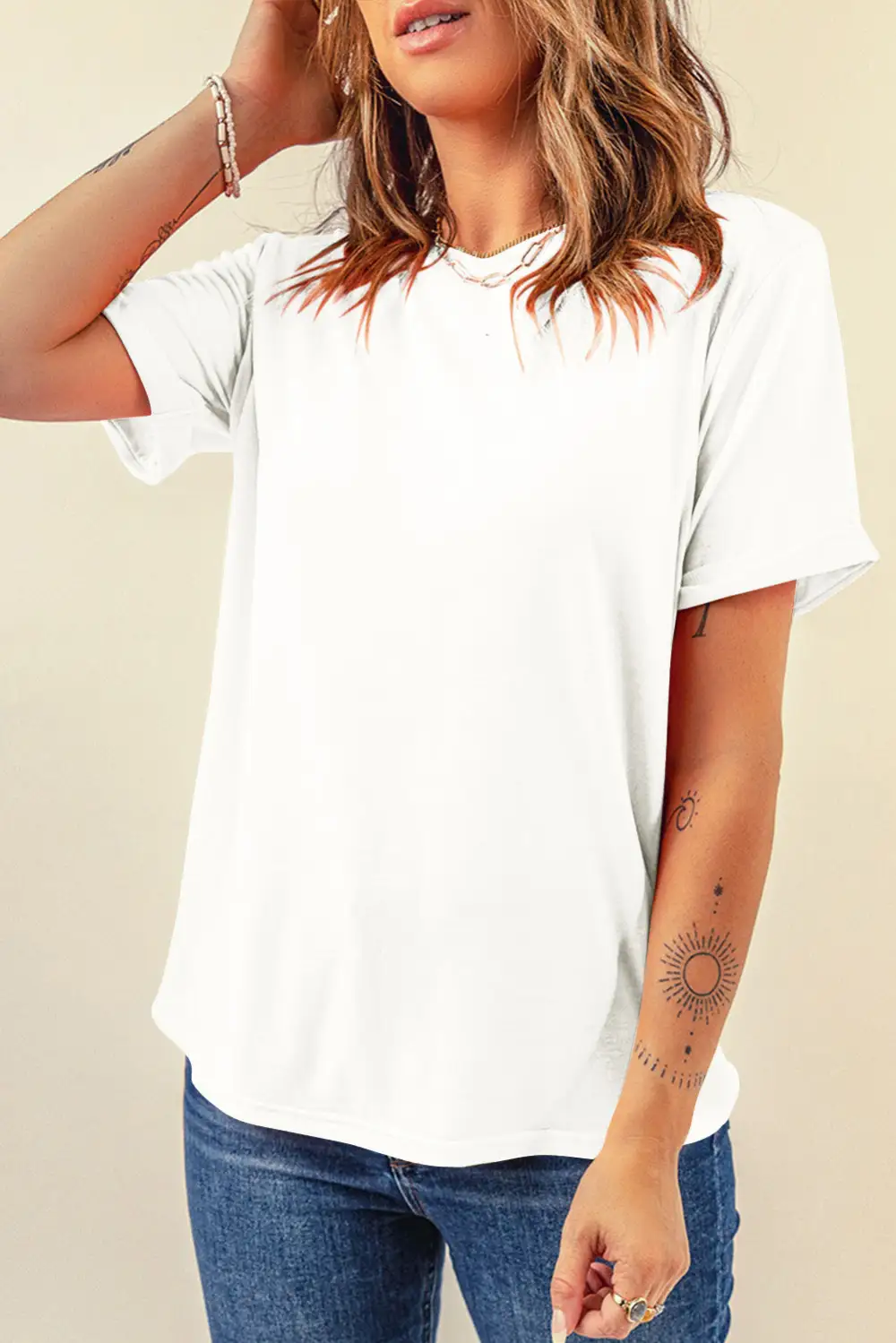 White Casual Plain Crew Neck