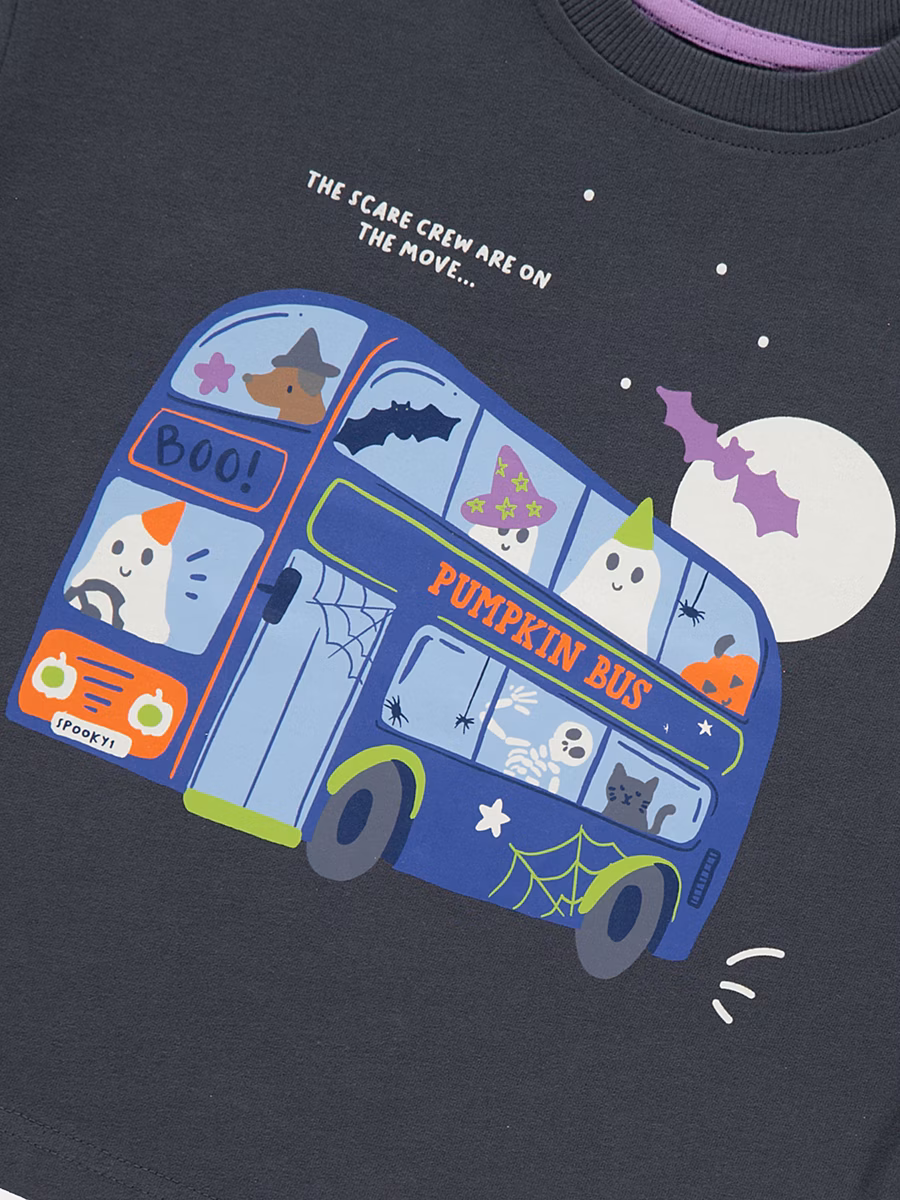 Halloween Charcoal Pumpkin Bus Long Sleeve T-Shirt detail 1