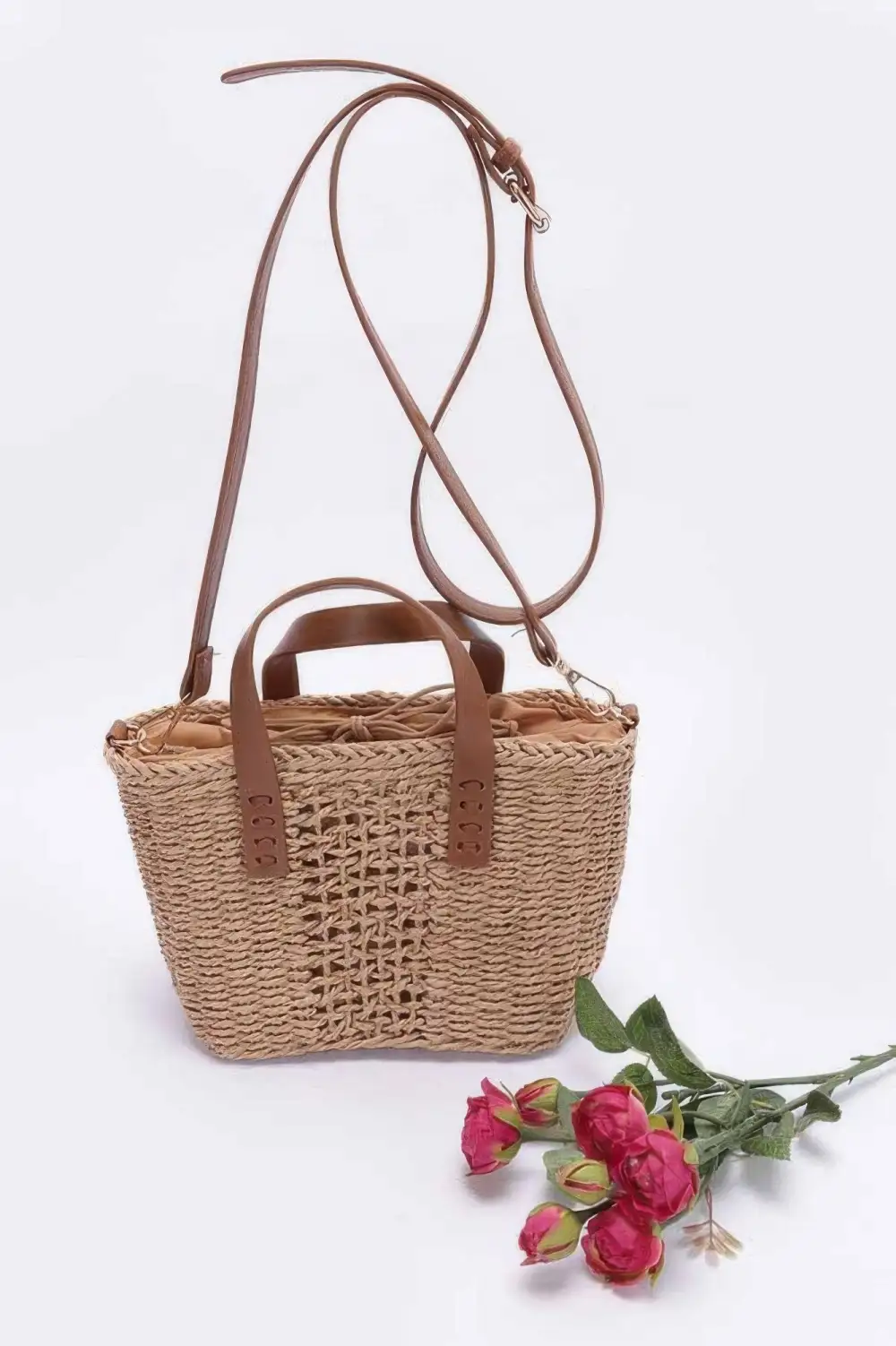 Faux Straw Top Handle Tote Bag