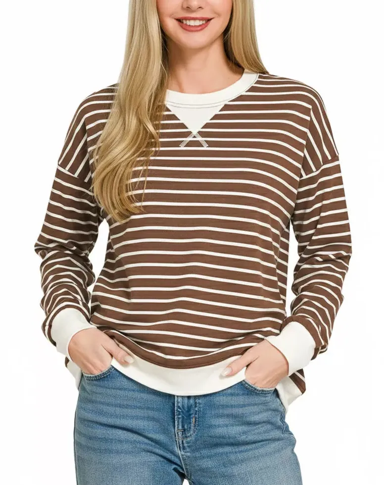 Classic Contrast Striped Round Neck Sweatshirt
