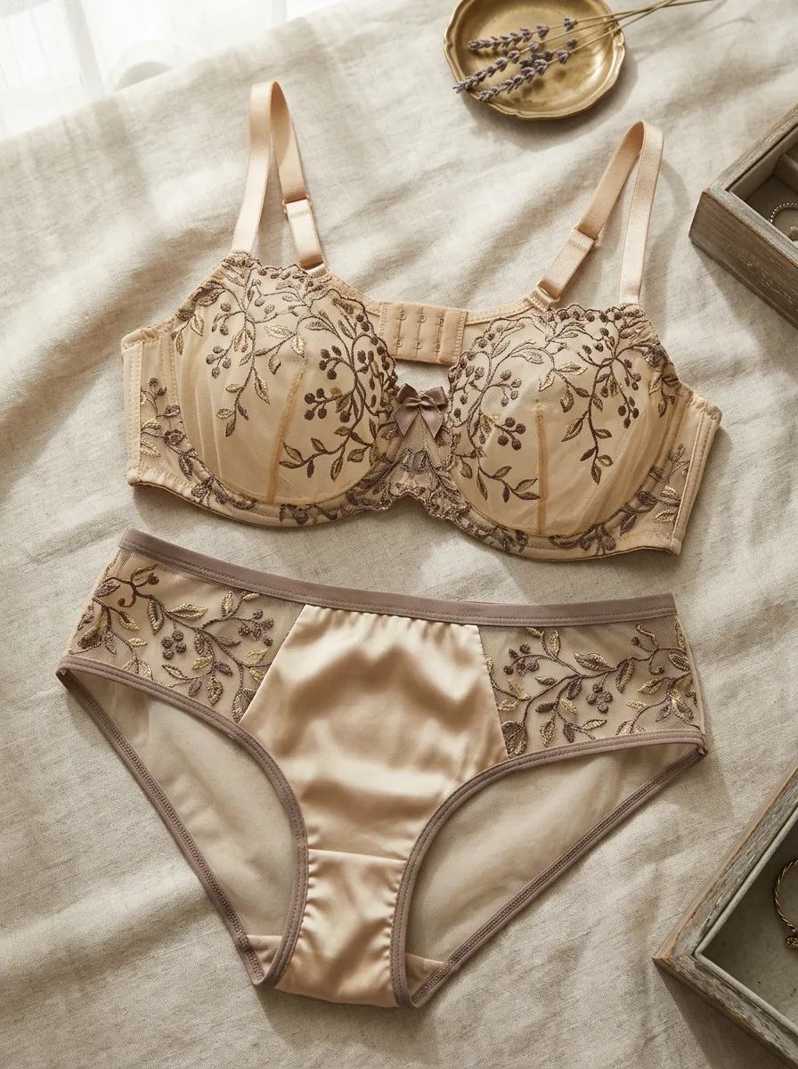 Women's Floral Embroidery Mesh Champagne Satin Look Lingerie Set