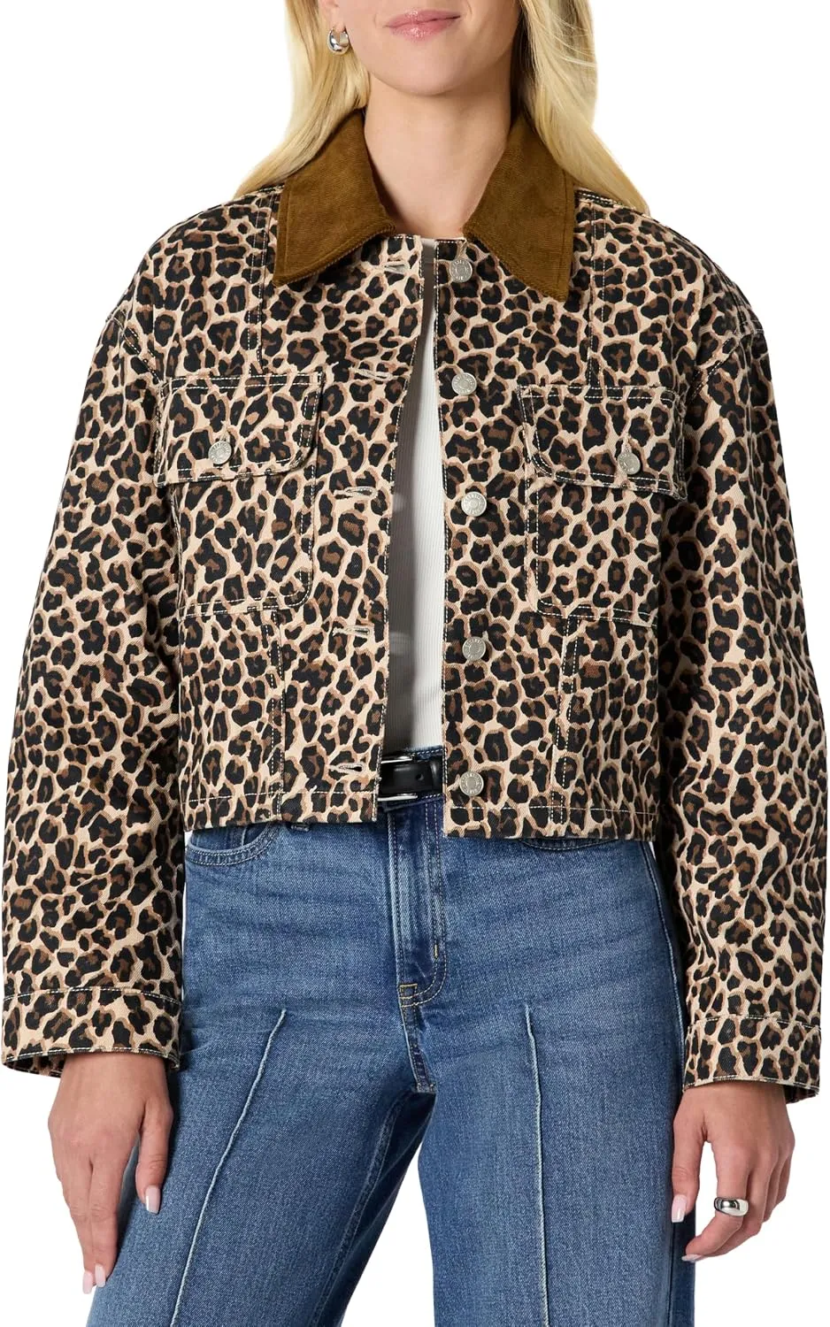 Amazon Essentials Women's Oversized-Fit Cropped Heavyweight Denim Jacket with Contrast Corduroy Collar