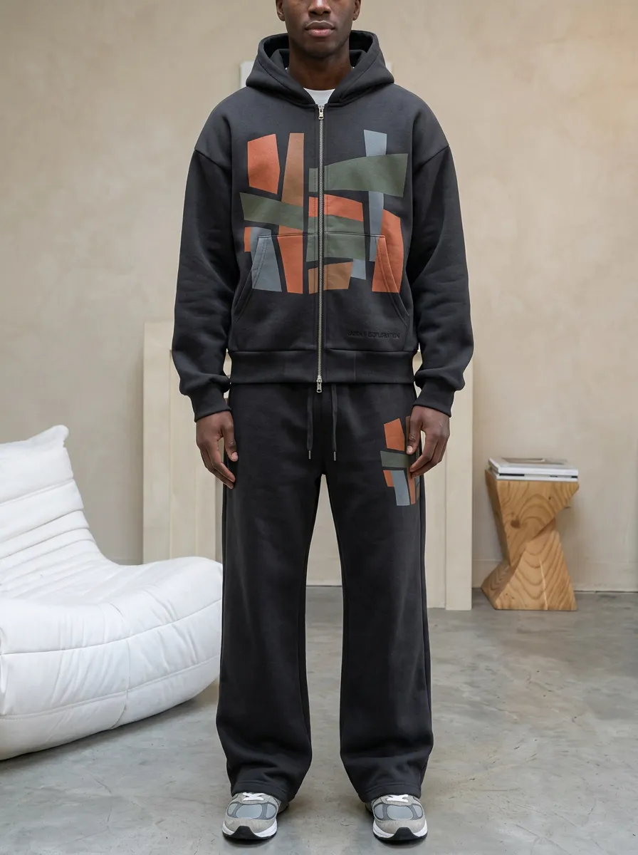 Men's Urban Abstract Geometric Printed Zip-up Hoodie Sweatpants Set