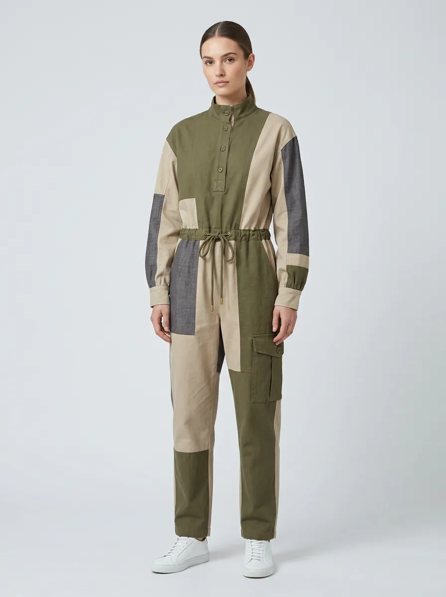 Women's Casual Utility Colorblock Patchwork Printed Jumpsuit