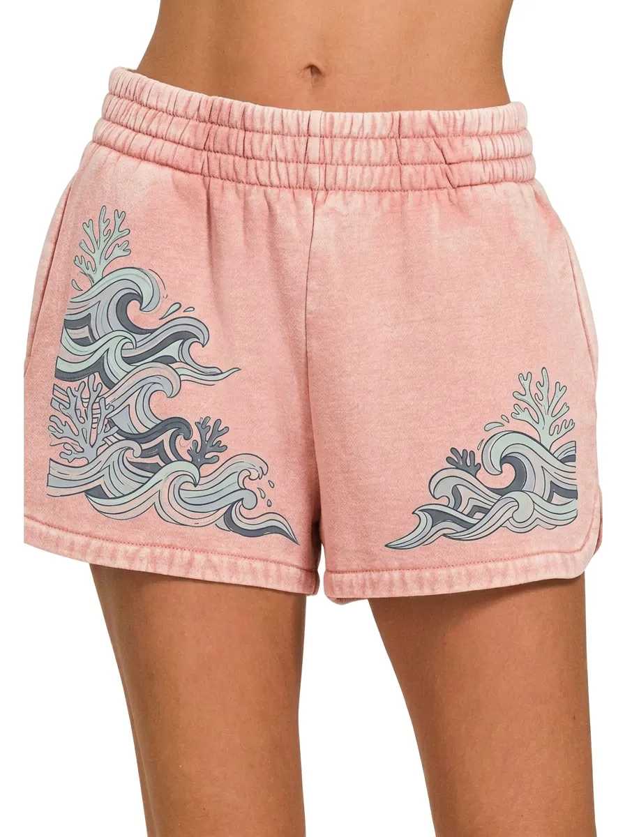 Women's Marin Coastal Ocean Wave Coral Graphic Shorts