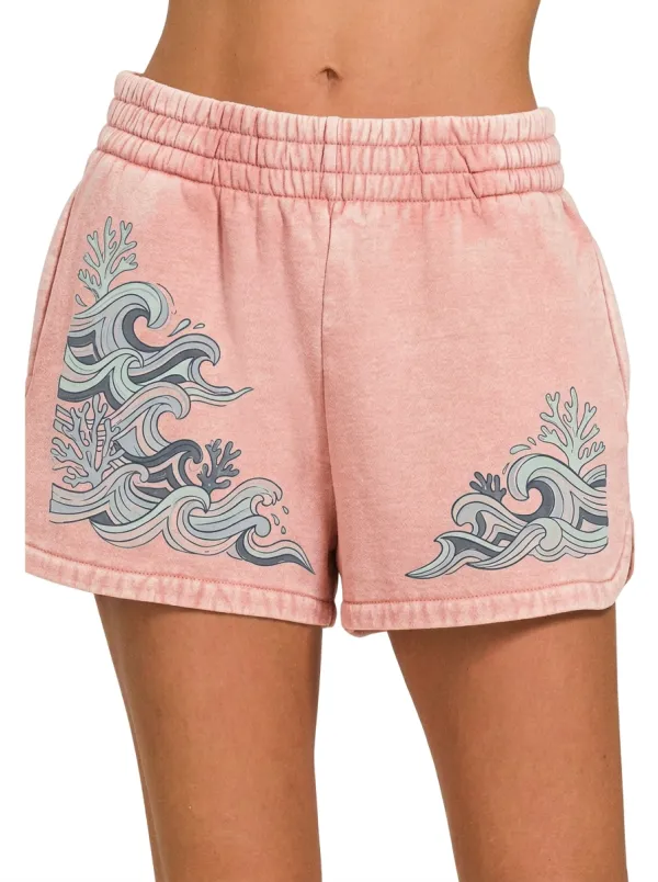 Women's Marin Coastal Ocean Wave Coral Graphic Shorts