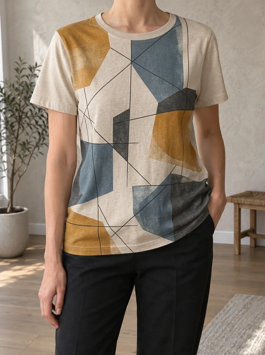 Women's Rhythmic Abstract Geometric Art Crew Neck T-Shirt