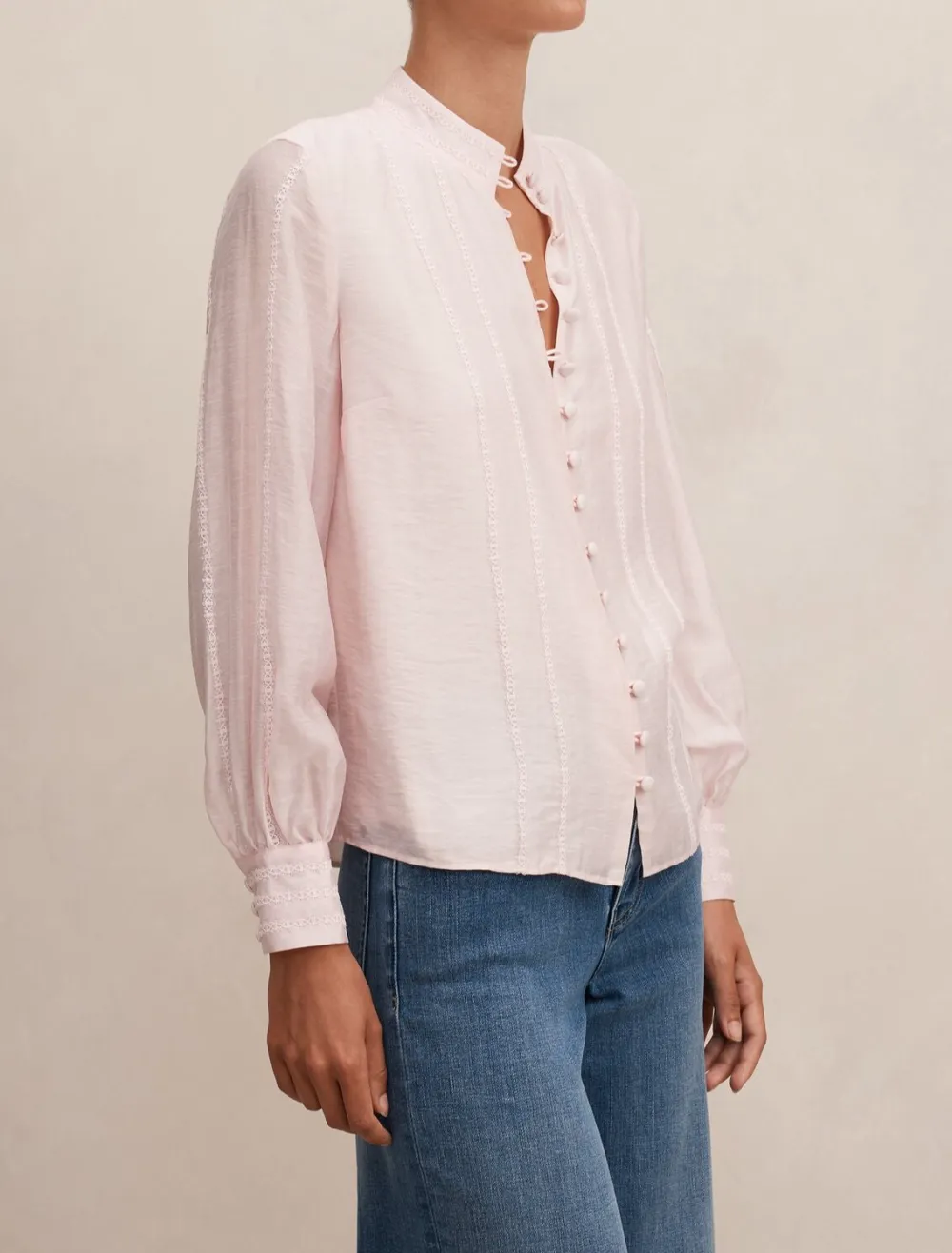 Light Pink Lace Trim Long Sleeve Button Blouse