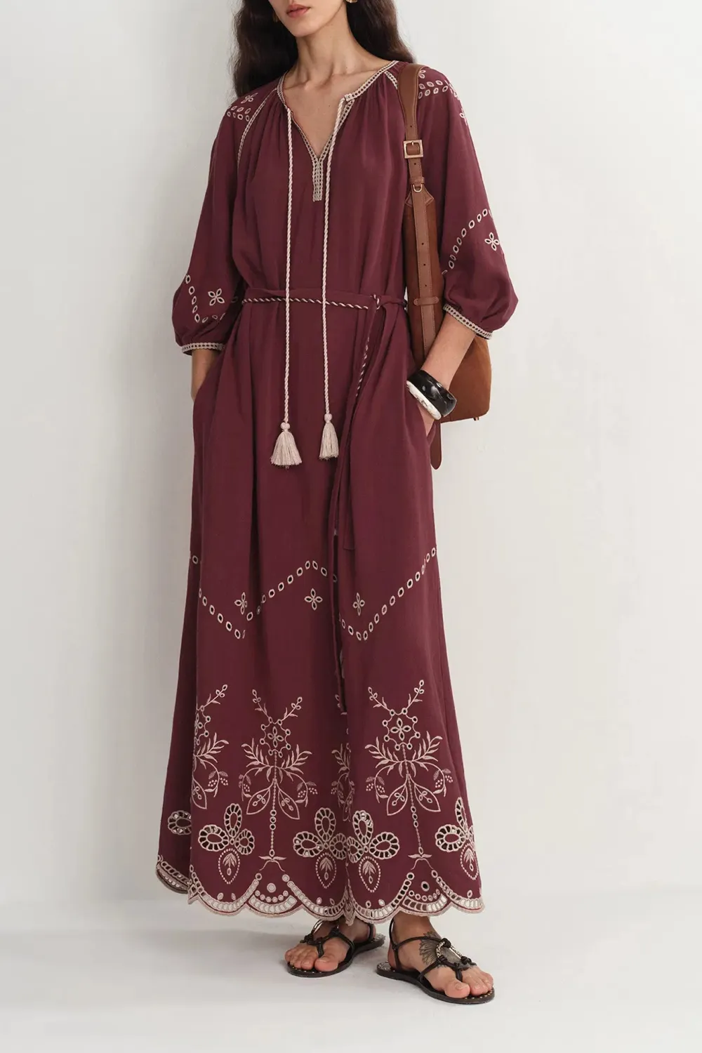 Embroidered Linen Viscose Maxi Dress