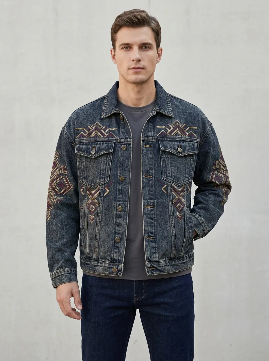Men's Geometric Tribal Embroidered Printed Denim Jacket