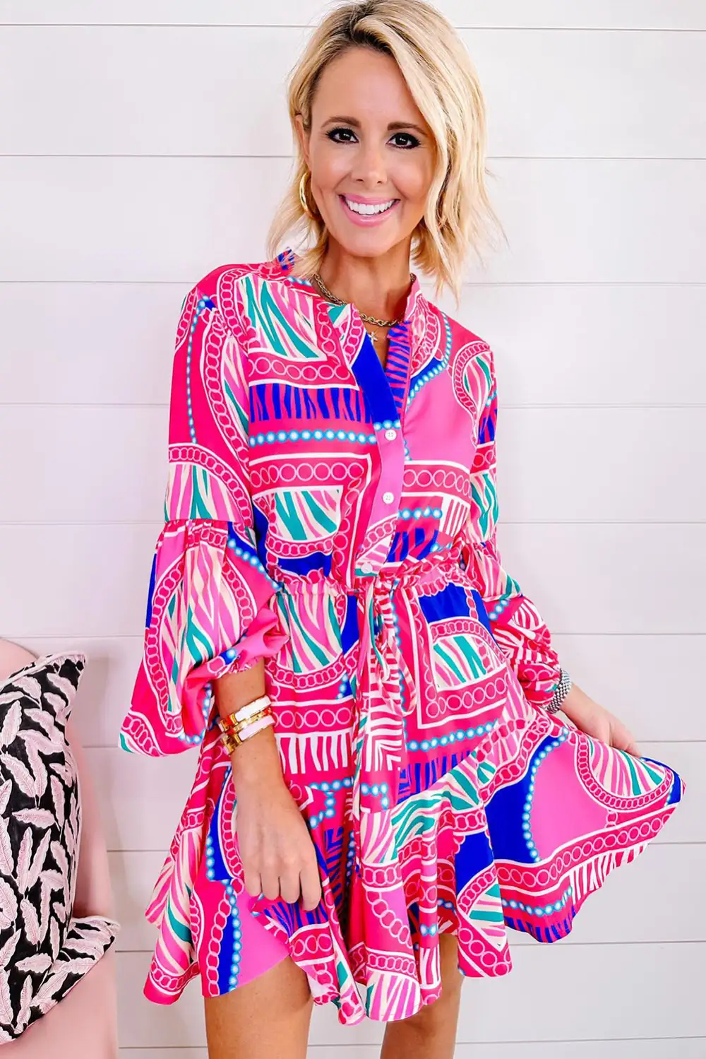 Abstract Print Drawstring Ruffle Mini Dress