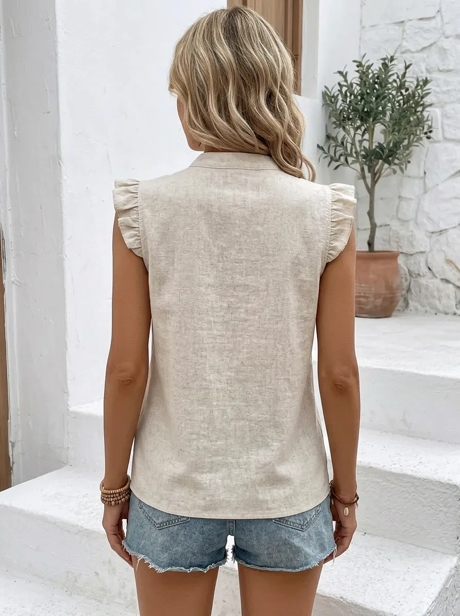 Boho Geometric Pattern Printed Ruffle Sleeveless Top