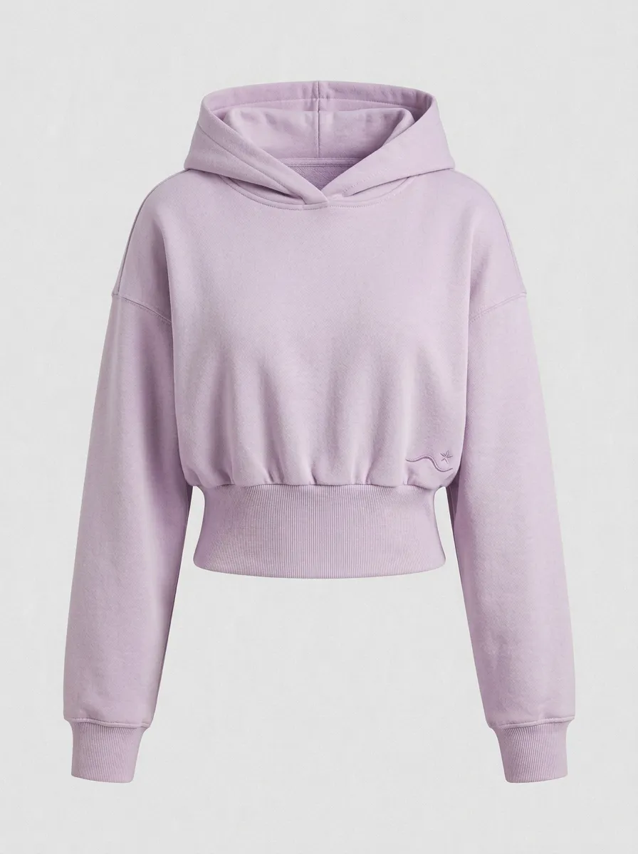 Women's Minimalist Beige Star Wave Embroidered Cropped Hoodie